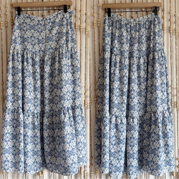 Max Studio Blue White Floral Button Tiered Prairie Boho Western Stretch Maxi Med - Picture 1 of 6